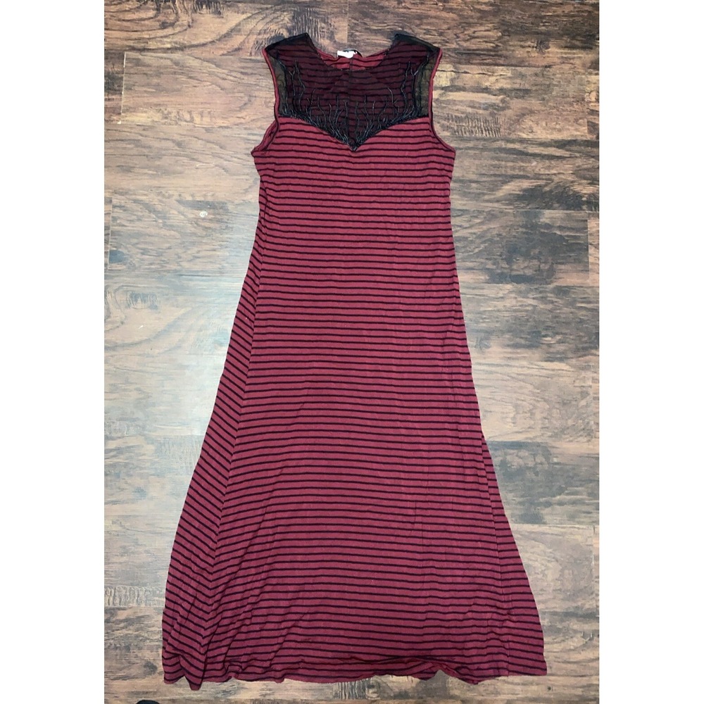 Agate Women's Lace Front Maroon Black Stripe Long Maxi Dress see measurements